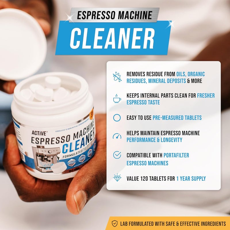Active Espresso Machine Cleaning Tablets Descaling - 120 Tabs | Compatible with Breville Barista Express, Gaggia, Delonghi, Jura, Philips | Expresso Maker Backflush Oil Remover Solution Clean Tablet - Image 2